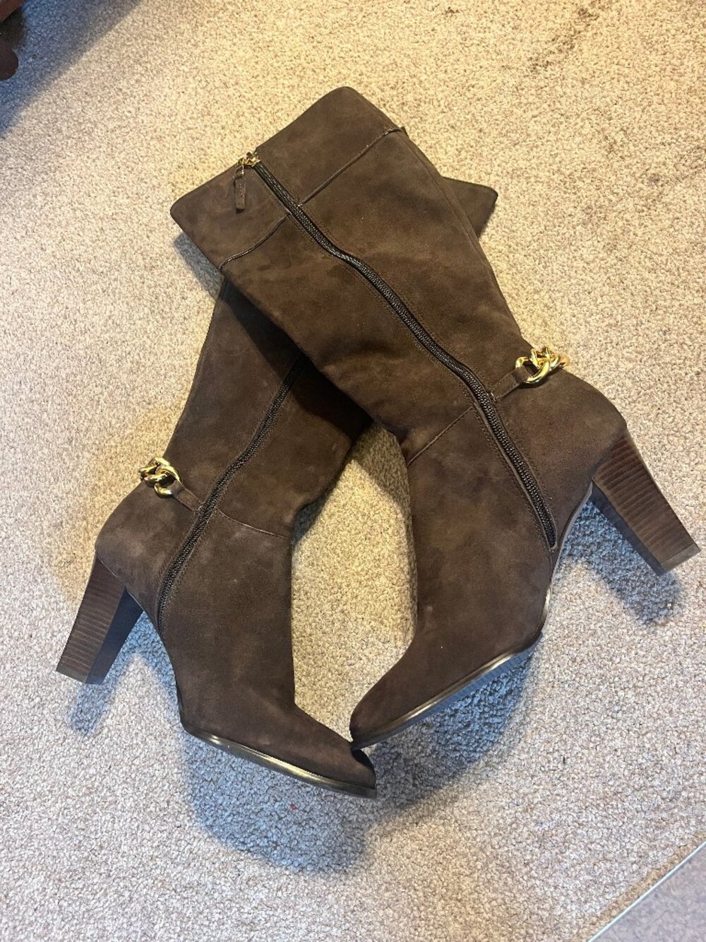 Tahari Brown Suede Knee High Boots with Gold Chain Heel Detail, Size 8M
